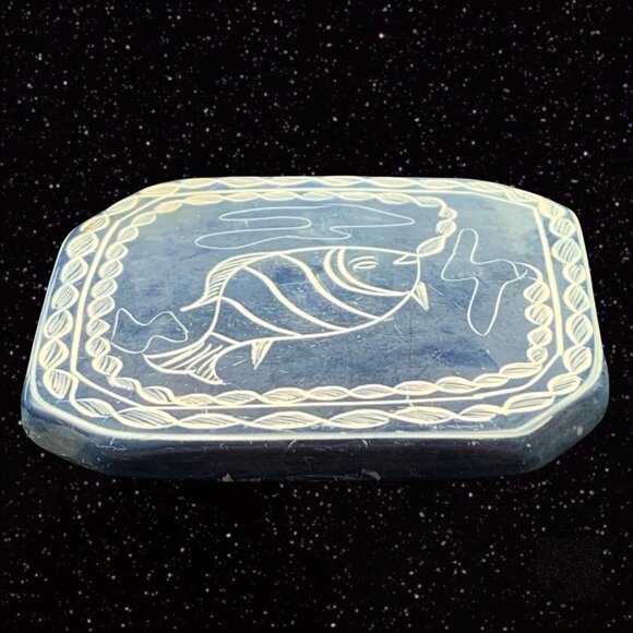Vintage Hand Carved Fish Blue Soapstone Coaster 3.25”D - Picture 2 of 6